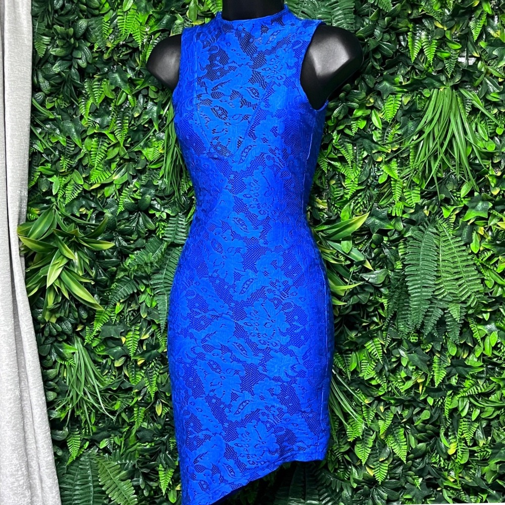 Nookie Dress Size US 2 AU 6 Blue Lace Mock Neck Asymmetrical Hem Bodycon 3452